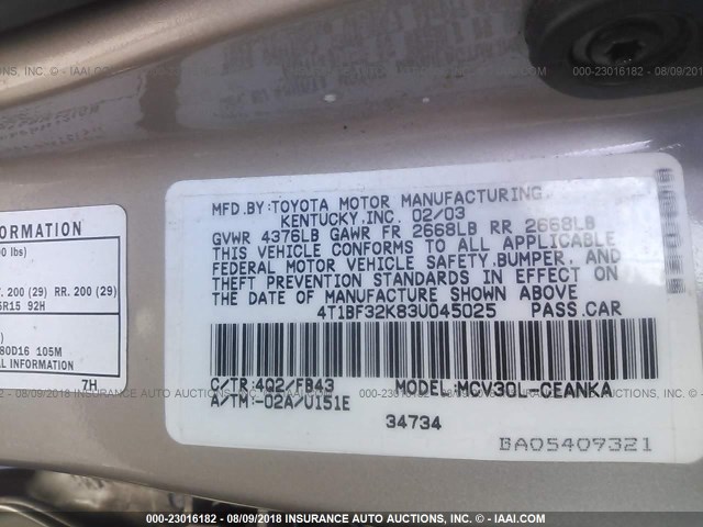 4T1BF32K83U045025 - 2003 TOYOTA CAMRY LE/XLE/SE 金色 照片 9