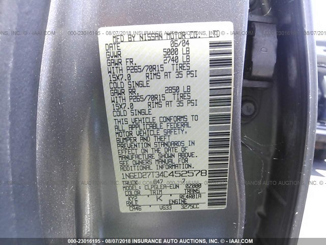 1N6ED27T34C452578 - 2004 NISSAN FRONTIER CREW CAB XE V6 GRAY photo 9