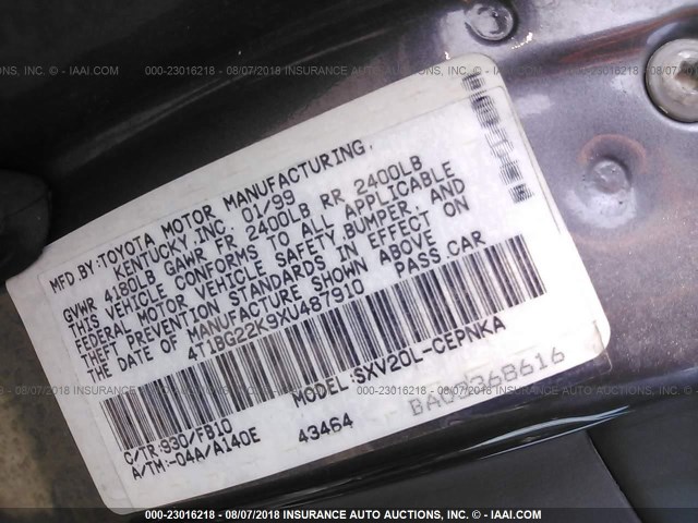 4T1BG22K9XU487910 - 1999 TOYOTA CAMRY CE/LE/XLE 灰色 照片 9