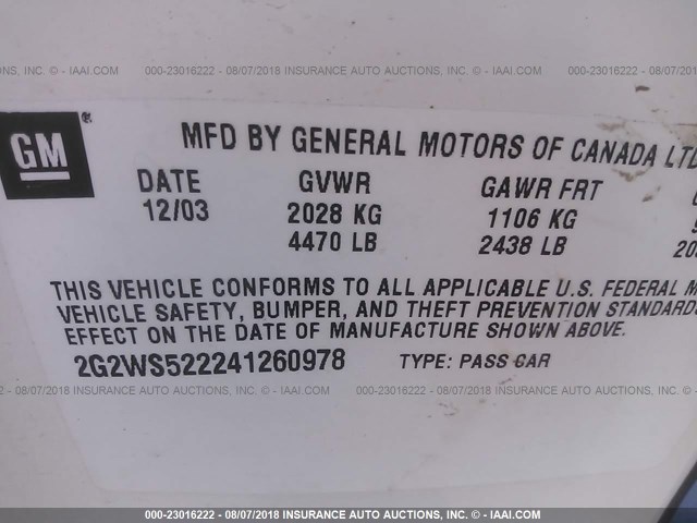 2G2WS522241260978 - 2004 PONTIAC GRAND PRIX GT2 WHITE photo 9