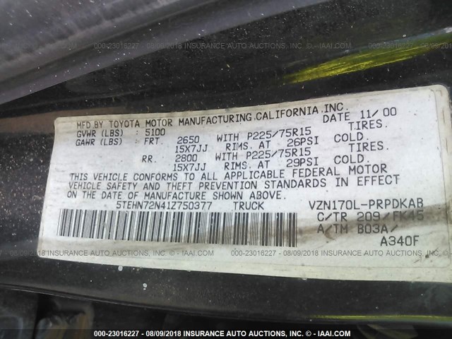 5TEHN72N41Z750377 - 2001 TOYOTA TACOMA DOUBLE CAB 黑色 照片 9