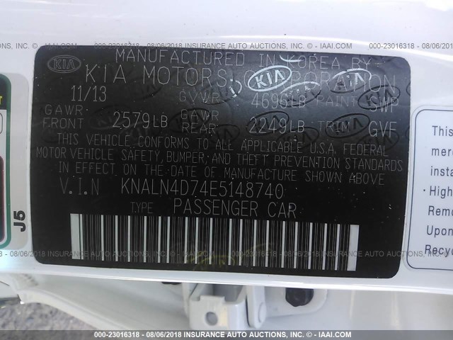 KNALN4D74E5148740 - 2014 KIA CADENZA PREMIUM/LIMITED WHITE photo 9