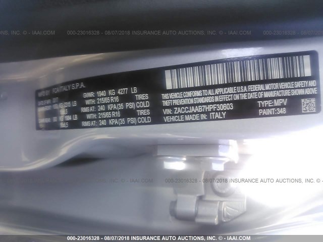 ZACCJAAB7HPF30603 - 2017 JEEP RENEGADE SPORT Արծաթագույն լուսանկար 9