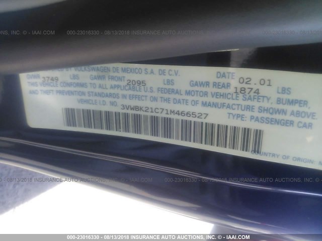 3VWBK21C71M466527 - 2001 VOLKSWAGEN NEW BEETLE GL 蓝色 照片 9