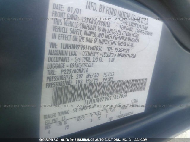 1LNHM97V01Y667050 - 2001 LINCOLN CONTINENTAL  蓝色 照片 9