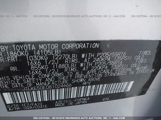 JTLKE50E081024666 - 2008 TOYOTA SCION XB Silber Foto 9