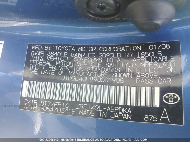 JTDBL40E89J001908 - 2009 TOYOTA COROLLA LE/XLE BLUE photo 9
