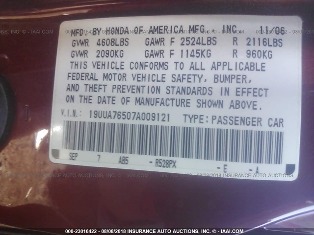 19UUA76507A009121 - 2007 ACURA TL TYPE S RED photo 9