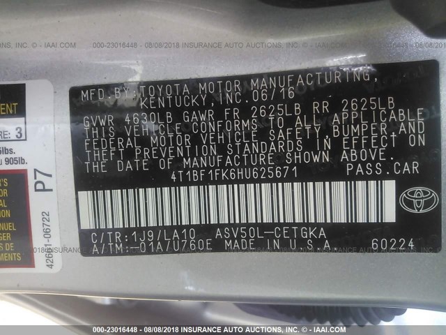 4T1BF1FK6HU625671 - 2017 TOYOTA CAMRY LE/XLE/SE/XSE 银色 照片 9