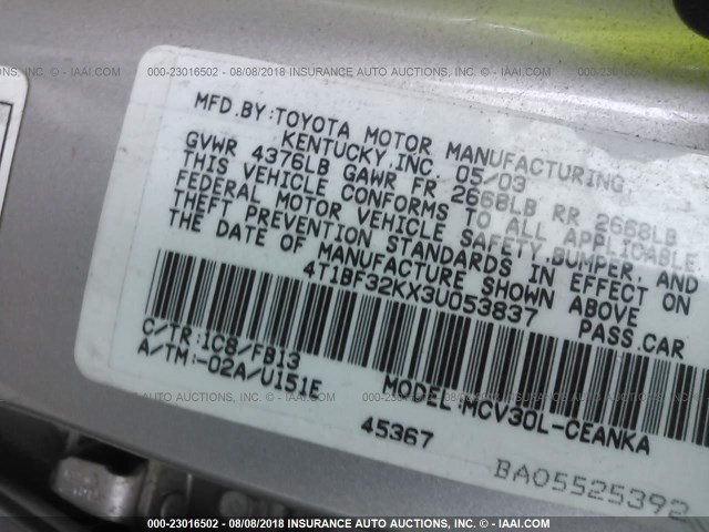 4T1BF32KX3U053837 - 2003 TOYOTA CAMRY LE/XLE/SE Gümüş foto 9