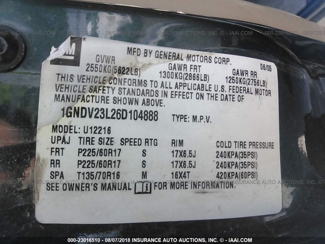 1GNDV23L26D104888 - 2006 CHEVROLET UPLANDER LS GREEN photo 9