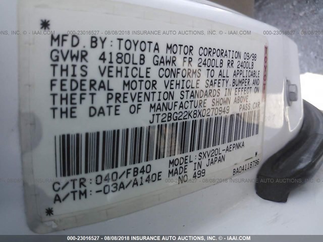 JT2BG22K8X0270949 - 1999 TOYOTA CAMRY LE/XLE WHITE photo 9