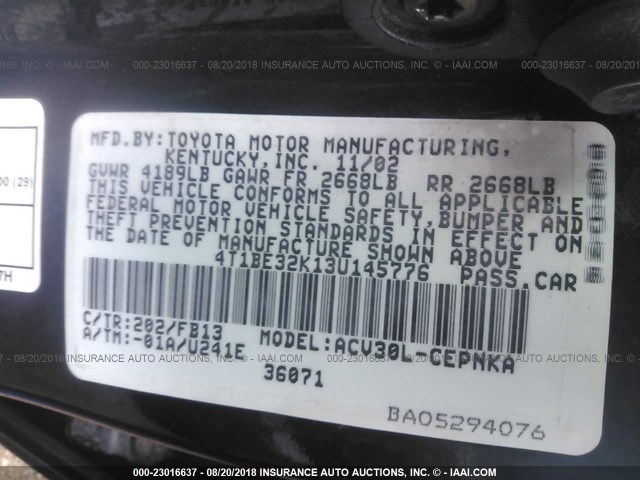 4T1BE32K13U145776 - 2003 TOYOTA CAMRY LE/XLE/SE Qara foto 9