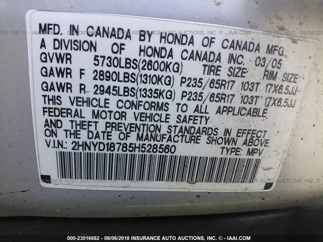 2HNYD18785H528560 - 2005 ACURA MDX TOURING SILVER photo 9