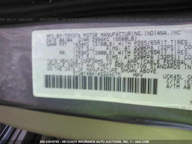 5TDBT48A14S224675 - 2004 TOYOTA SEQUOIA LIMITED Champagne photo 9