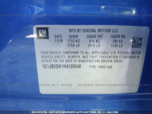 1G1JB5SH1H4126640 - 2017 CHEVROLET SONIC LS 蓝色 照片 9