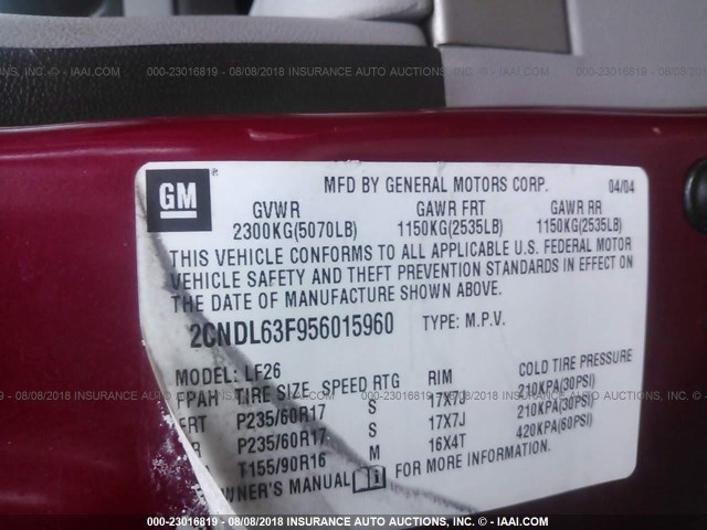 2CNDL63F956015960 - 2005 CHEVROLET EQUINOX LT RED photo 9