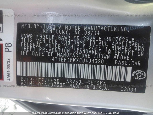 4T1BF1FKXEU431320 - 2014 TOYOTA CAMRY L/SE/LE/XLE ვერცხლისფერი ფოტო 9