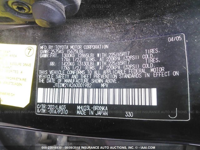 JTEDW21A260001982 - 2006 TOYOTA HIGHLANDER HYBRID BLACK photo 9