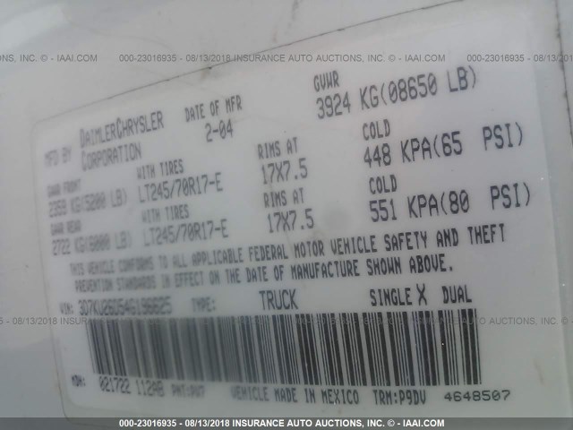 3D7KU26D54G196625 - 2004 DODGE RAM 2500 ST/SLT 白色 照片 9
