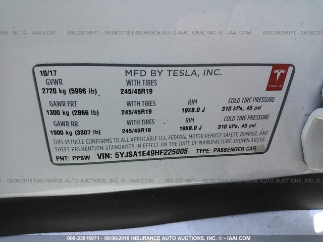 5YJSA1E49HF225005 - 2017 TESLA MODEL S Սպիտակ լուսանկար 9