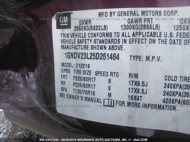 1GNDV23L25D261464 - 2005 CHEVROLET UPLANDER LS 红色 照片 9