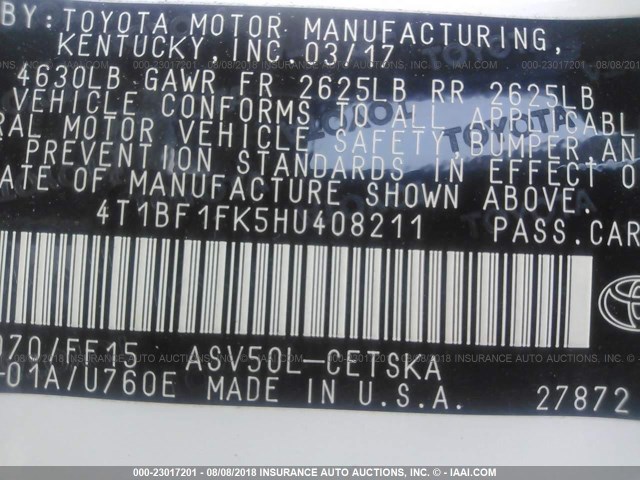 4T1BF1FK5HU408211 - 2017 TOYOTA CAMRY LE/XLE/SE/XSE 白色 照片 9