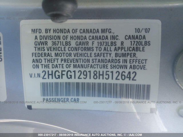 2HGFG12918H512642 - 2008 HONDA CIVIC EXL 银色 照片 9