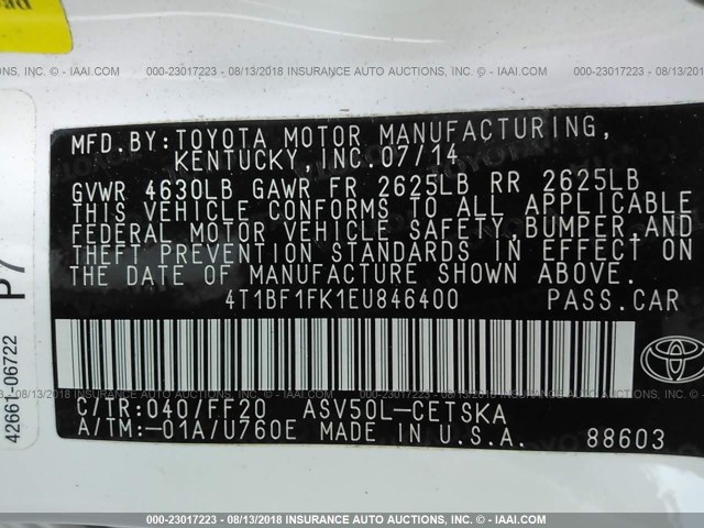 4T1BF1FK1EU846400 - 2014 TOYOTA CAMRY L/SE/LE/XLE 白色 照片 9