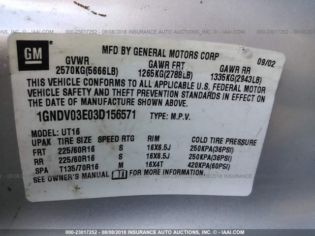 1GNDV03E03D156571 - 2003 CHEVROLET VENTURE SILVER photo 9