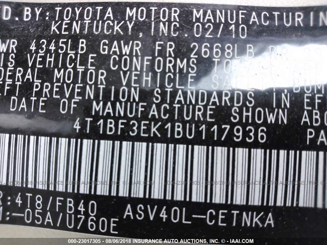 4T1BF3EK1BU117936 - 2011 TOYOTA CAMRY SE/LE/XLE BEIGE photo 9