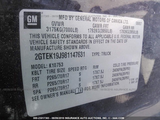 2GTEK19J981147631 - 2008 GMC SIERRA K1500 PURPLE photo 9