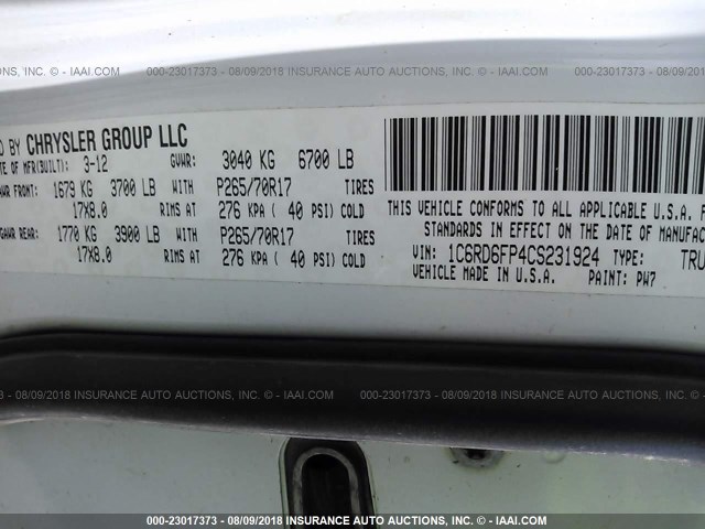 1C6RD6FP4CS231924 - 2012 DODGE RAM 1500 ST WHITE photo 9