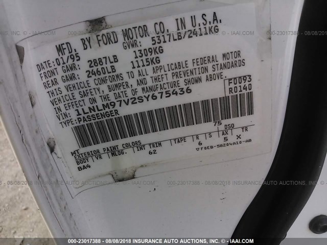 1LNLM97V2SY675436 - 1995 LINCOLN CONTINENTAL  Biały zdjęcie 9