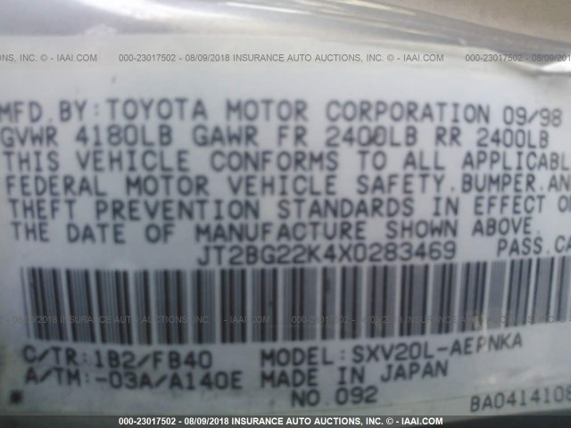 JT2BG22K4X0283469 - 1999 TOYOTA CAMRY LE/XLE GRAY photo 9