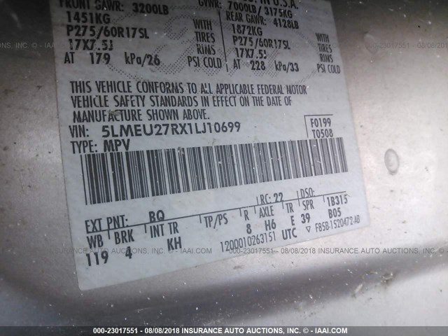 5LMEU27RX1LJ10699 - 2001 LINCOLN NAVIGATOR 金色 照片 9