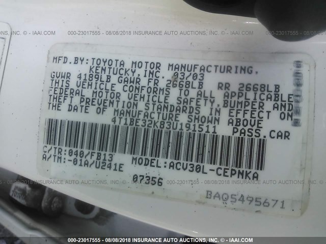 4T1BE32K83U191511 - 2003 TOYOTA CAMRY LE/XLE/SE Ağ foto 9