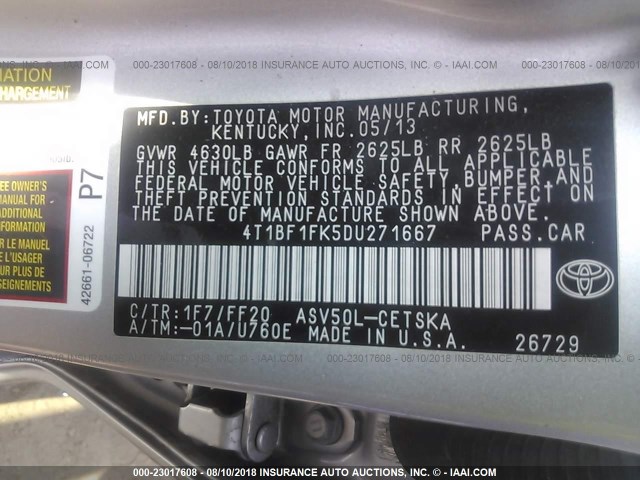4T1BF1FK5DU271667 - 2013 TOYOTA CAMRY L/SE/LE/XLE 银色 照片 9