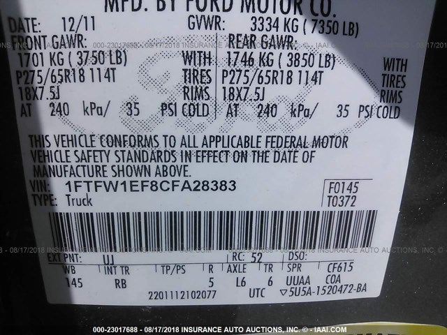 1FTFW1EF8CFA28383 - 2012 FORD F150 SUPERCREW Boz foto 9