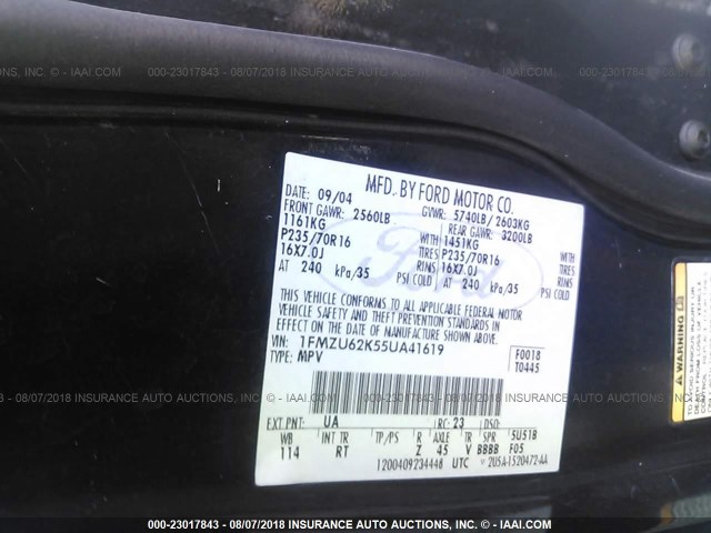 1FMZU62K55UA41619 - 2005 FORD EXPLORER XLS/XLS SPORT BLACK photo 9