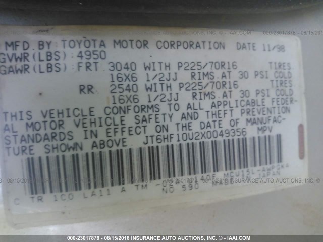 JT6HF10U2X0049356 - 1999 LEXUS RX 300 SILVER photo 9