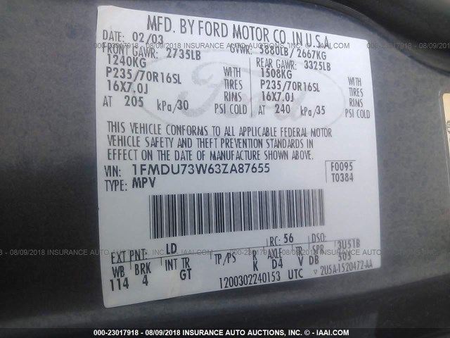 1FMDU73W63ZA87655 - 2003 FORD EXPLORER XLT/XLT SPORT/NBX მუქი ლურჯი ფოტო 9