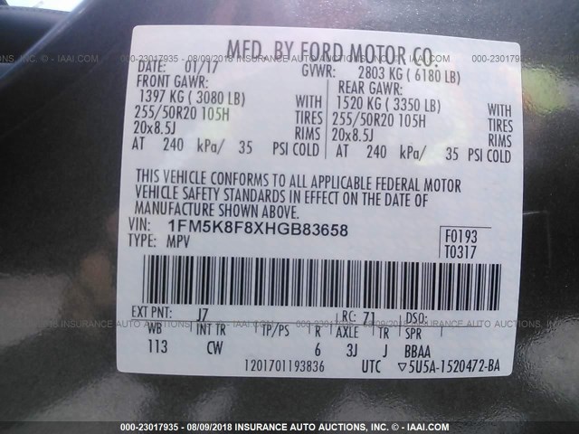 1FM5K8F8XHGB83658 - 2017 FORD EXPLORER LIMITED 灰色 照片 9