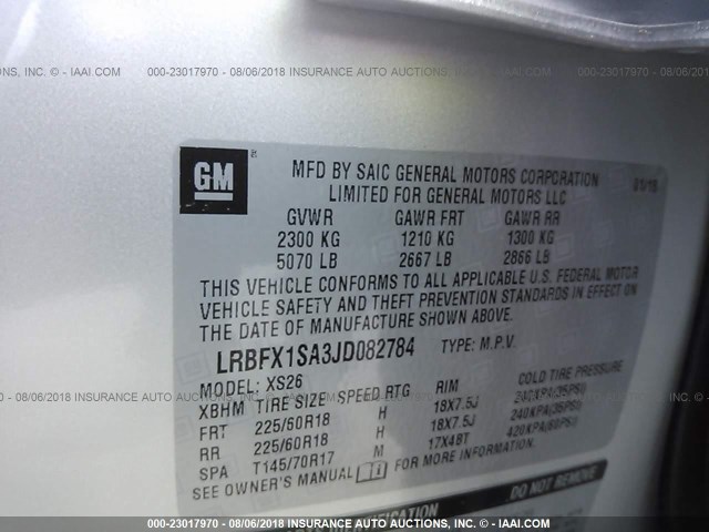 LRBFX1SA3JD082784 - 2018 BUICK ENVISION ESSENCE Արծաթագույն լուսանկար 9