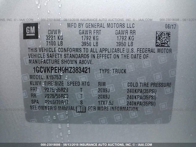 1GCVKPEH9HZ383421 - 2017 CHEVROLET SILVERADO K1500 CUSTOM SILVER photo 9