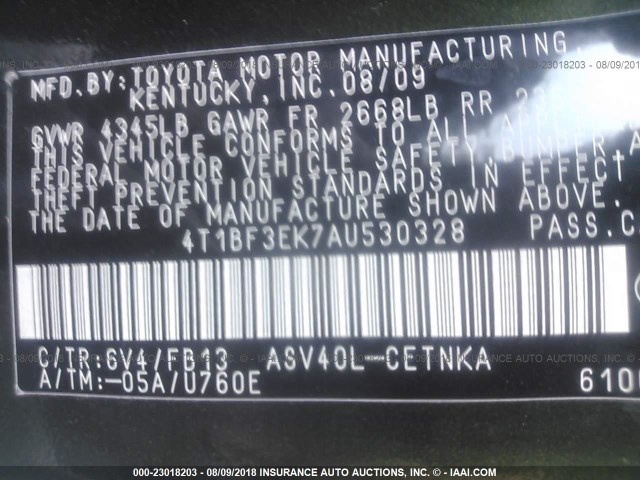 4T1BF3EK7AU530328 - 2010 TOYOTA CAMRY SE/LE/XLE GREEN photo 9