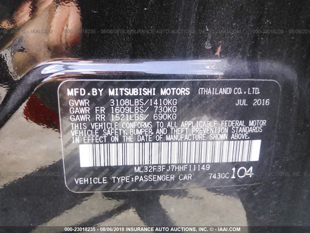 ML32F3FJ7HHF11149 - 2017 MITSUBISHI MIRAGE G4 ES შავი ფოტო 9