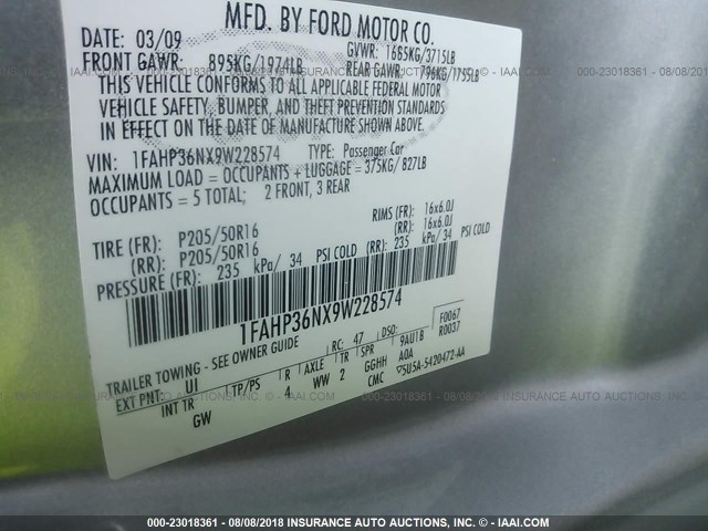 1FAHP36NX9W228574 - 2009 FORD FOCUS SES SILVER photo 9