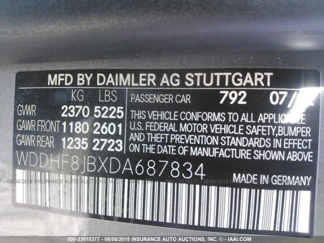 WDDHF8JBXDA687834 - 2013 MERCEDES-BENZ E 350 4MATIC GRAY photo 9