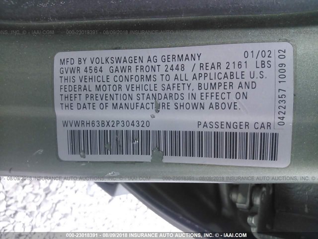 WVWRH63BX2P304320 - 2002 VOLKSWAGEN PASSAT GLX GREEN photo 9